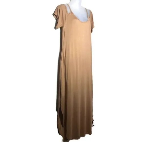 ANNABELLE WOMEN'S COLD SHOULDER SAND TAN STRETCH MAXI DRESS WITH POCKETS MEDIUM - Picture 1 of 9